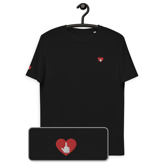 T-shirt bio unisexe : LOGO COEUR DITES-LE AVEC DES FUCKS / Noir ou Bleu